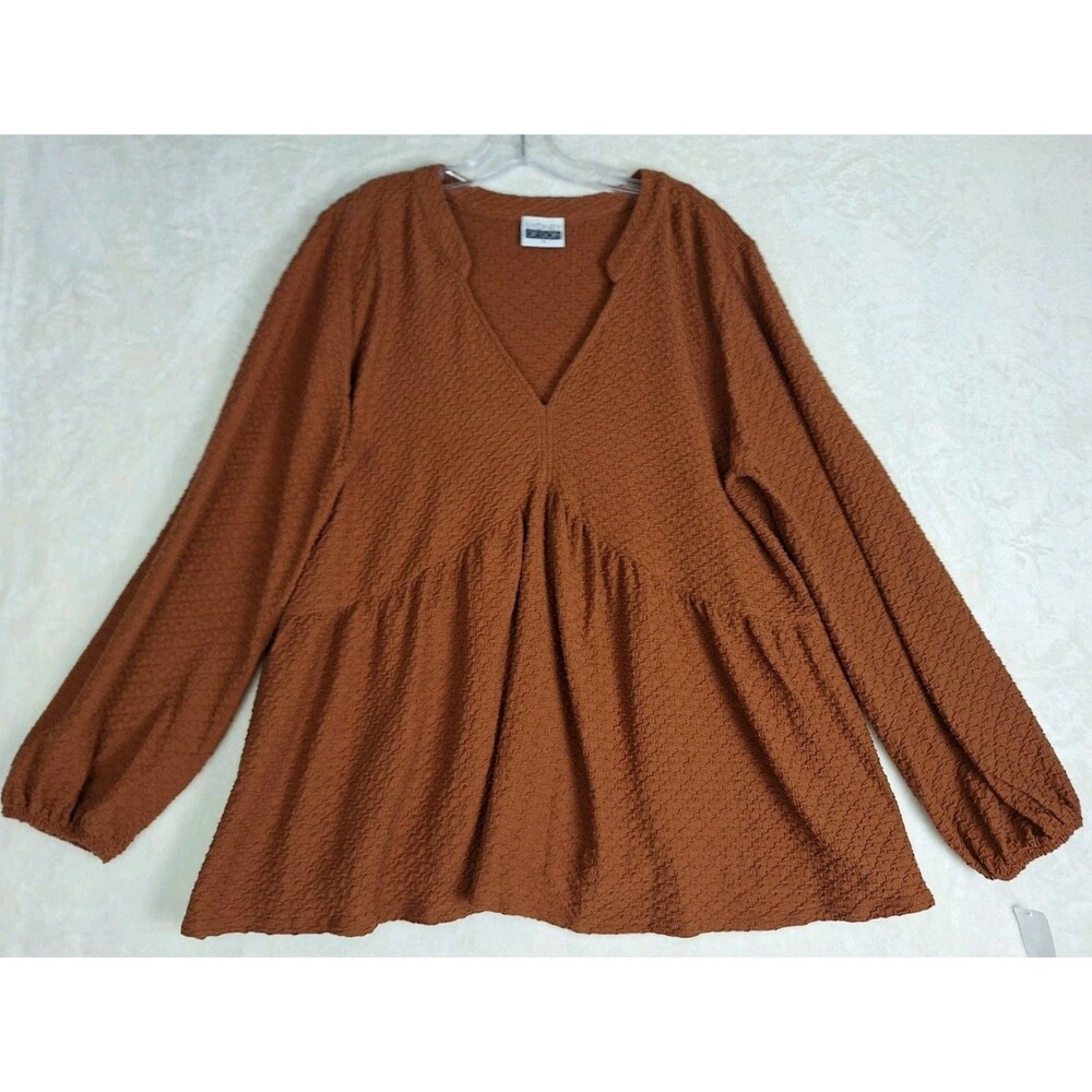 Sydney Gregory Women 1X Top Brown Textured Waffle Babydoll Tiered Peplum Boho